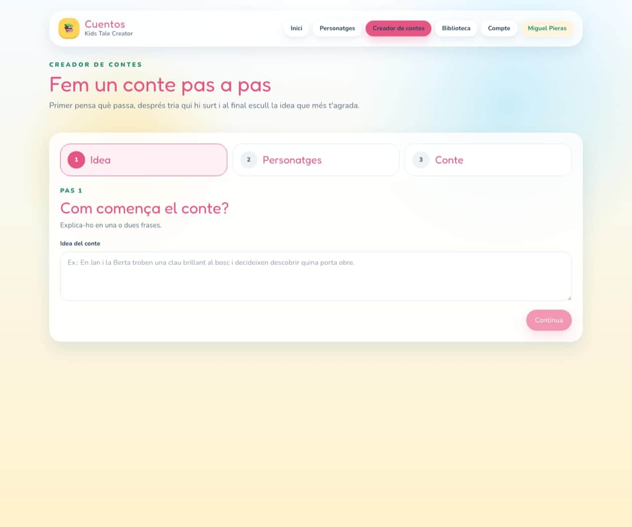 Tale Island guided creator showing story idea, companion selection, settings, and review steps.